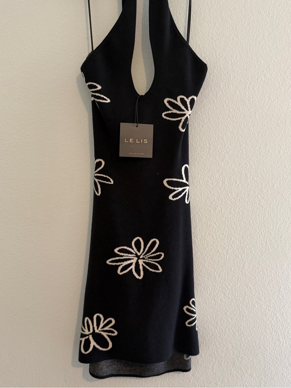 Le Lis Black One-Shoulder Knit Dress with White Daisy Detail